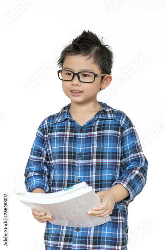 Little kid waring glasses ready for a classroom on white background on isolated, Back to school