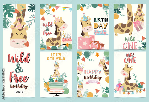 Green birthday card with giraffe sitting and standing,cake,palm,light and balloon
