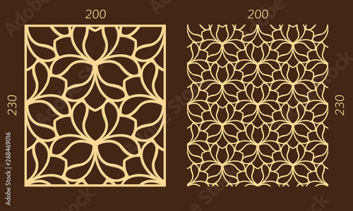 Laser cutting set. Woodcut vector trellis panel. Plywood lasercut eastern design. Hexagonal seamless pattern for printing, engraving, paper cutting. Stencil lattice ornament.
