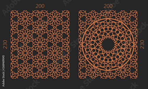 Laser cutting set. Woodcut vector trellis panels. Plywood lasercut floral design. Hexagonal seamless patterns for printing, engraving, paper cut. Stencil lattice ornaments.