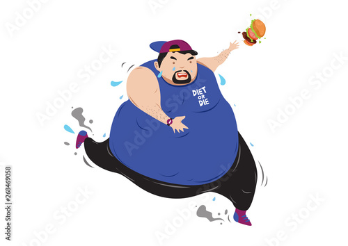 Cartoon Illustration of fat and overweight man running for diet