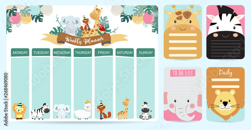 Pastel weekly planner with wild,fox,elephant,llama,zebra,giraffe,tiger