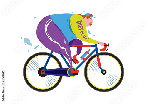 Cartoon Illustration of fat and overweight men riding bicycle for diet
