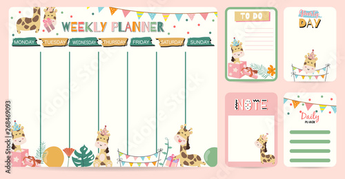 Pastel weekly planner with giraffe,flag,gift box,balloon