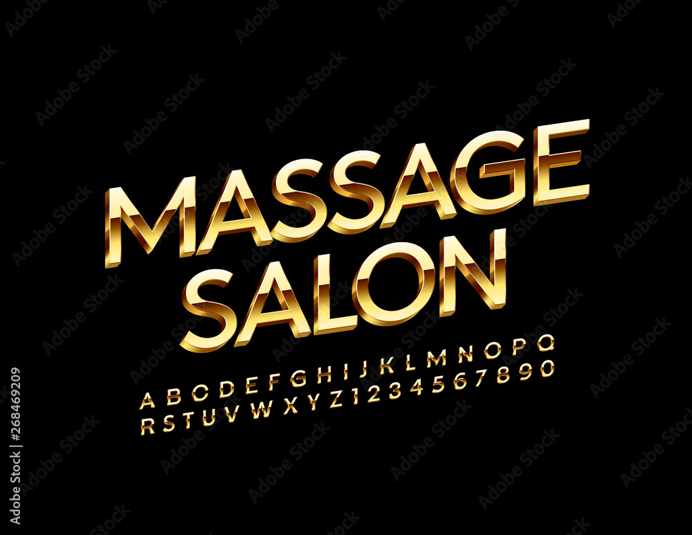 Vector elite logo Massage Salon. Set of Golden Alphabet Letters, Numbers and Symbols. 3D Glossy Font.
