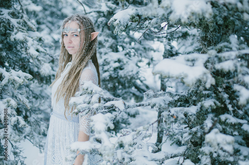 Fototapeta Naklejka Na Ścianę i Meble -  Woman wearing elf ears, dreadlocks and white dress in winter snowy Christmas tree forest. Fog and mystery frozen day
