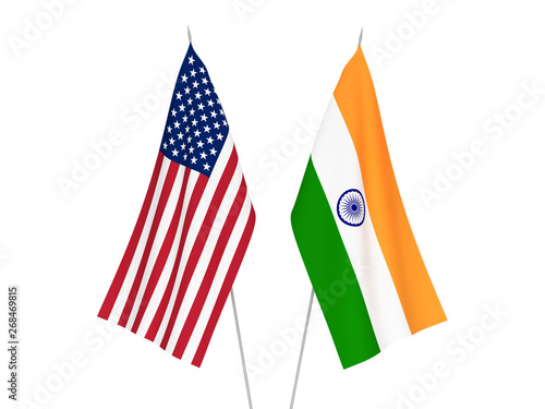 National fabric flags of America and India isolated on white background. 3d rendering illustration.