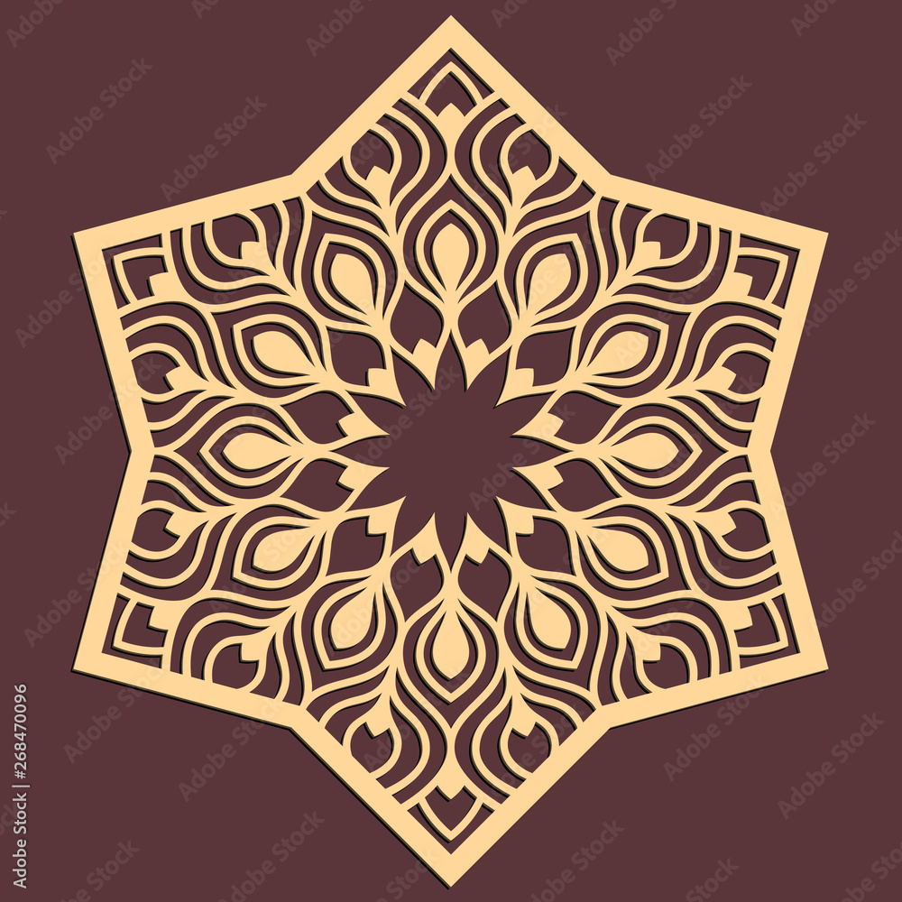 Laser cutting panel. Golden floral pattern. Gift or favor box silhouette ornament. Vector hexagonal coaster design for metal, wood, paper work.