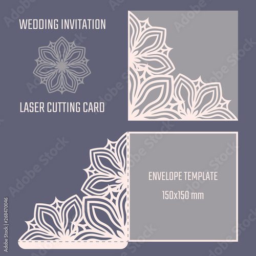 DIY laser cutting vector envelope. Wedding die cut invitation template. Cutout silhouette card. Scrapbook carved paperwork. Floral layout.
