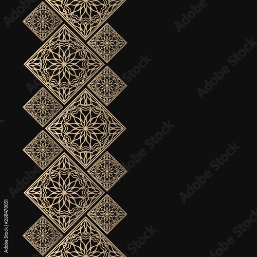 Golden frame in oriental style. Seamless border for design. Eastern background. Islamic card with place for text.