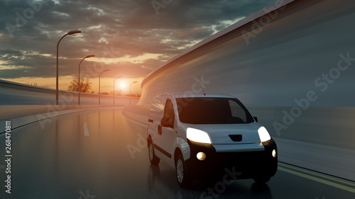 White delivery van on highway. Transport and logistic concept. 3D Illustration