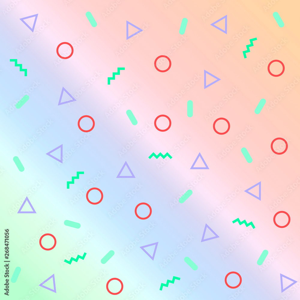 Creative background texture of memphis style shapes on orange, blue and green gradient Creative background texture of memphis style shapes on orange, blue and green gradient
