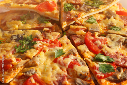 Pizza with meat, cheese and tomatoes sliced closeup