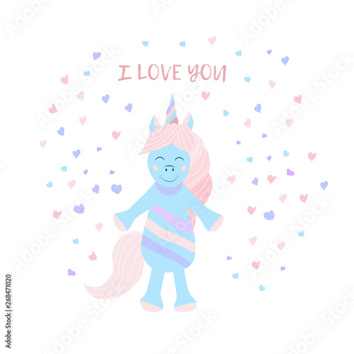 Cute fantasy unicorn with the inscription I love you. Children's print on a t-shirt. Vector Illustration
