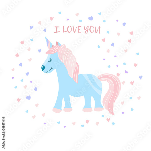 Cute fantasy unicorn with the inscription I love you. Children's print on a t-shirt. Vector Illustration