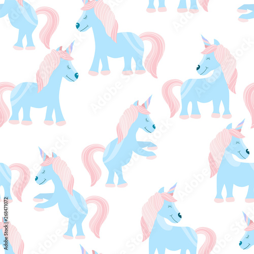 Seamless Pattern with Several Cute Fairy Tale Unicorn Children s print on a t-shirt. Vector Illustration