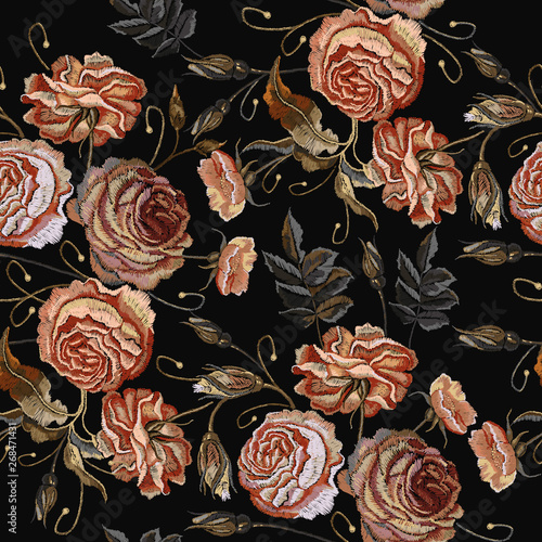 Embroidery vintage buds of roses on black background seamless pattern. Fashionable template for design of clothes, t-shirt design, tapestry flowers renaissance style vector