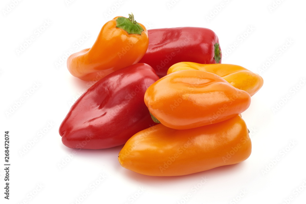 Fresh sweet bell peppers, ingredients for cooking, close-up, isolated on white background