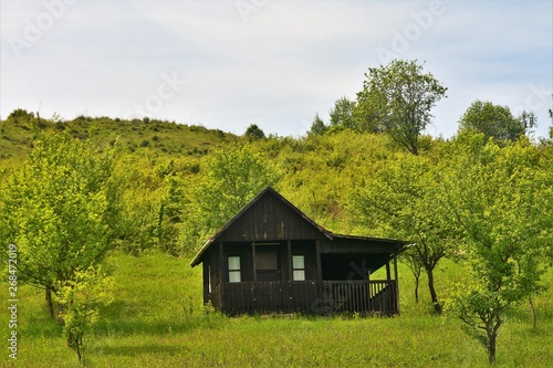 a small wooden cottage on a hill