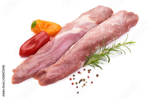 Slika na platnu Fresh tenderloin with spices, raw meat, close-up, isolated on white background