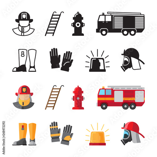 Firefighter accessorises, fireman tools vector icons isolated on white background. Illustration of fireman and helmet, accessories and tools for safety