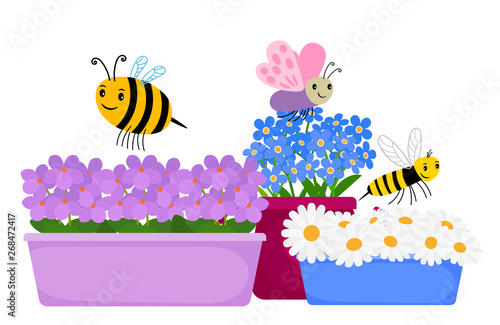 Blossom flowers in pots and cute cartoon insects - spring, summer vector floral illustration. Blossom spring flower, plant pot and insect
