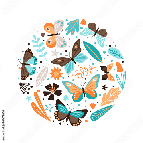 Colorful banner with floral elements and butterflies vector isolated on white background. Floral banner  butterfly colorful  flower spring illustration