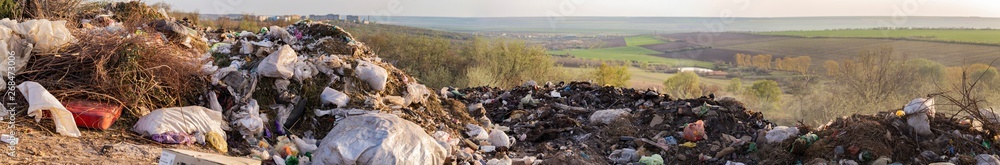 Fototapeta premium Environmental disaster. Clogging the outskirts of the city. Garbage heaps are an element of the modern European landscape.