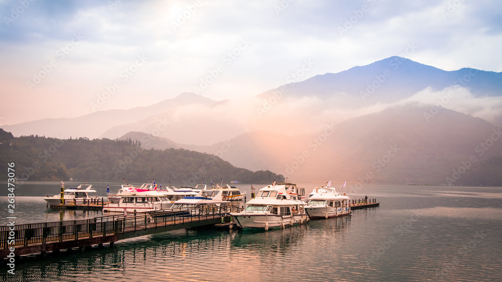 Fototapeta premium Sun Moon Lake, Nantou, Taiwan, Landscape View of Sun Moon Lake at morning.
