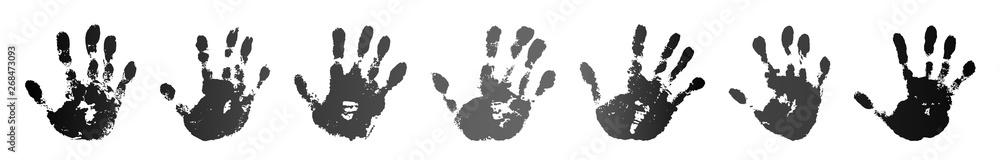 Hand print set isolated on white background. Black paint human hands. Silhouette child, kid, young people handprint. Stamp fingers and palm shape. Abstract design. Grunge texture. Vector illustration Hand print set isolated on white background. Black paint human hands. Silhouette child, kid, young people handprint. Stamp fingers and palm shape. Abstract design. Grunge texture. Vector illustration