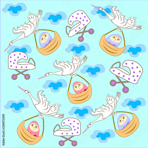 Storks breang babies seamless pattern.