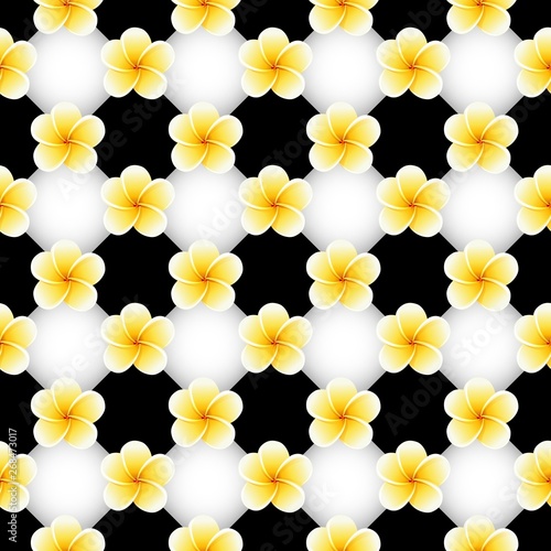 Seamless pattern with Plumeria Frangipani flowers on black and white chessboard
