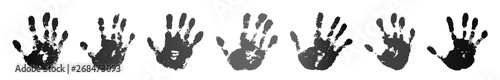 Hand print set isolated on white background. Black paint human hands. Silhouette child, kid, young people handprint. Stamp fingers and palm shape. Abstract design. Grunge texture. Vector illustration