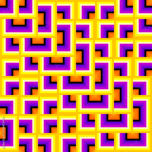 Orange, yellow and purple background with squares. Optical illusion of movement. Seamless pattern.