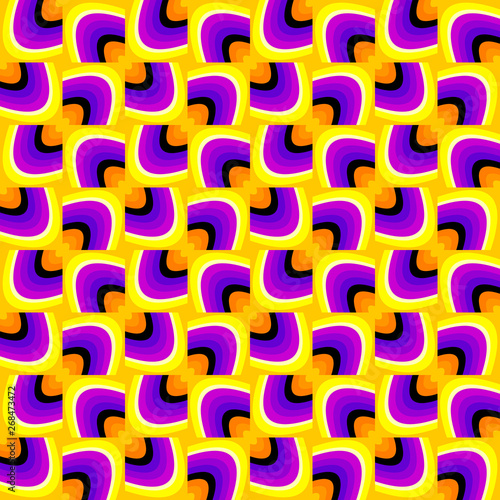 Yellow and purple background with ovals. Motion illusion. Seamless pattern.