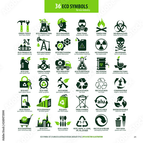 collections of eco friendly flat symbols, high detailed icons, graphic design web elements, alternative ecological concept, isolated emblems on clean white background, logotype vector art illustration