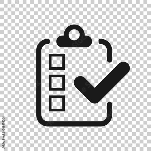 Checklist document sign icon in transparent style. Survey vector illustration on isolated background. Check mark banner business concept.