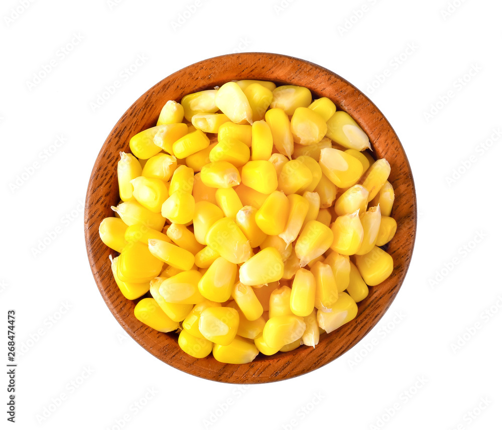 sweet corn seeds in wood bowl on white background sweet corn seeds in wood bowl on white background