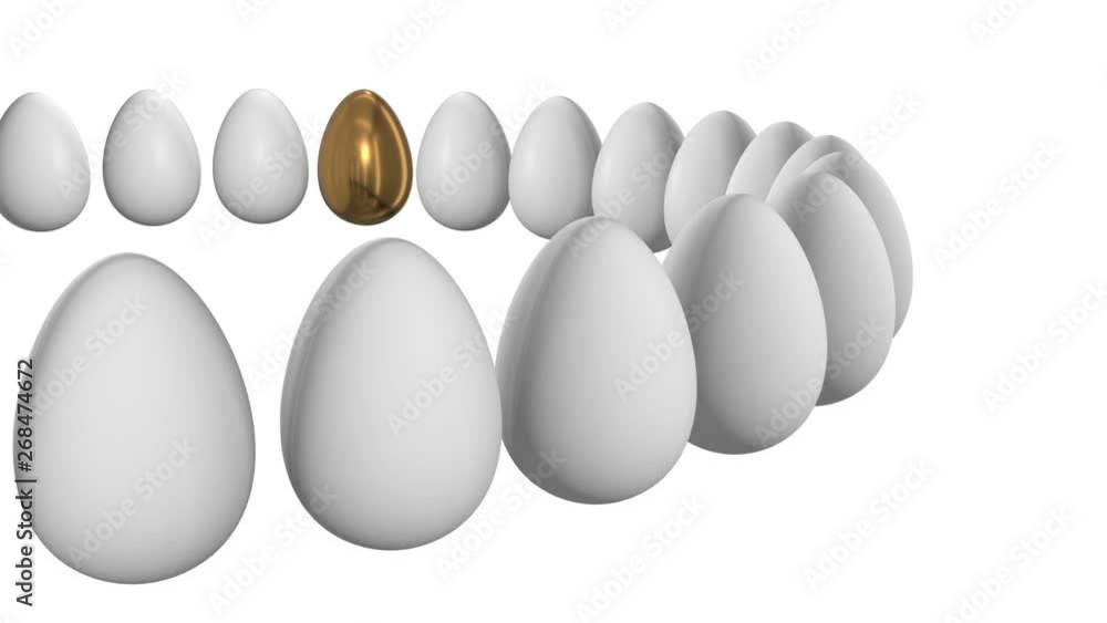 Golden egg in a row of the white eggs. 3D render. Easter, out of crowd, business concept. Video available in FullHD and HD render footage Golden egg in a row of the white eggs. 3D render. Easter, out of crowd, business concept. Video available in FullHD and HD render footage