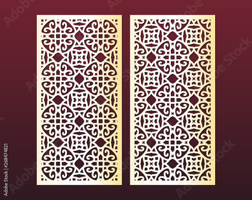 Laser cut cabinet fretwork perforated panel in arabic style. Ornamental panels template set for cutting exterior. Silhouette geometric pattern. Metal, paper or wood carving. Outdoor screen.