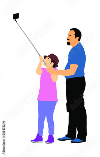 Little girl taking selfie picture with her father helps, vector illustration isolated on white background. Taking selfie - hand hold monopod with mobile phone. Cute tourist girl take photo.