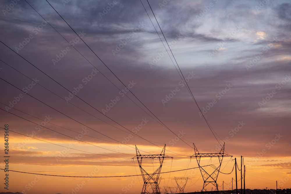 Sunset view of power cables