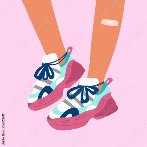 Female or male brown legs with patch in the sneakers. Cool bright sport footwear. Ugly stylish platform shoes. Hand drawn vector colored trendy fashion illustration. Flat design