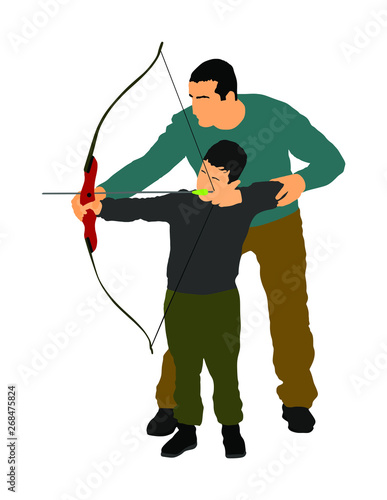 Archer vector illustration isolated on white background. Hunter in hunting. Dad teaches his son to hold bow and arrow. Fathers day, spending time with boy, wakes hunting instinct. Parenting, family.