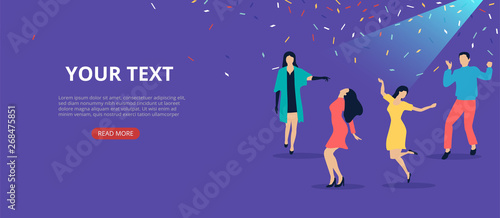 Party festive poster with people and confetti. Flat style design.