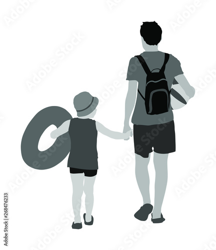 Father and  son go to swimming and sunbathing. Happy family enjoying on beach vector illustration. Family beach day. Child hand holding dad. Summer kids fun recreation. Boy with swim ring slag protect