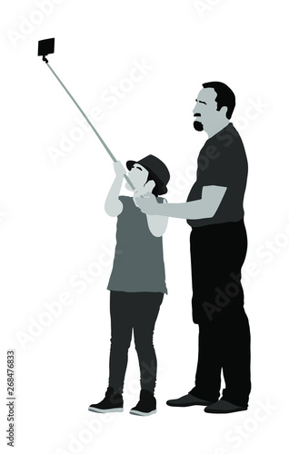 Little girl taking selfie picture with her father helps, vector illustration isolated on white background. Taking selfie - hand hold monopod with mobile phone. Cute tourist girl take photo.
