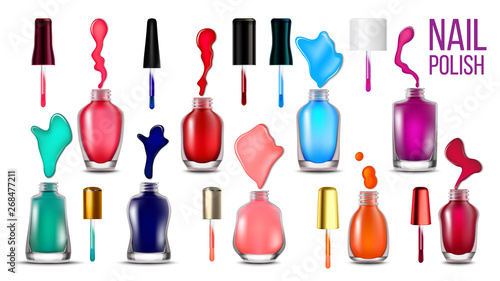 Collection Bottles With Nail Polish Set Vector. Assortment Of Closed And Opened Glassy Flasks, Bright Multicolor Blots And Brushes Accessories For Make Beautiful Nail. 3d Illustration
