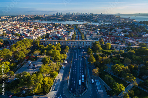 A bird's eye view of the ruins of an ancient Roman aqueduct in the city of Istanbul.