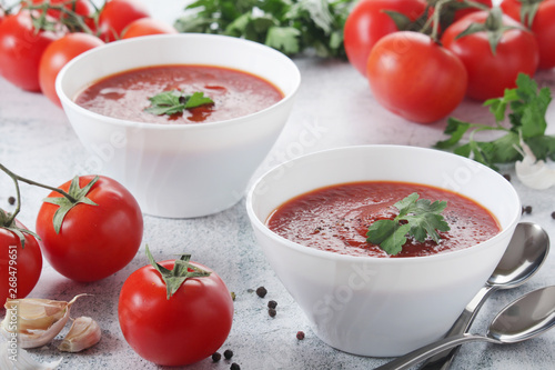 Two plates with gazpacho - traditional Spanish tomato soup